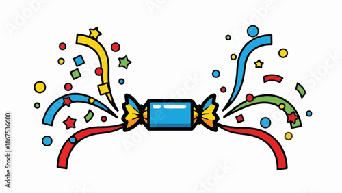 A blue candy wrapper explodes with colorful confetti, stars, and streamers