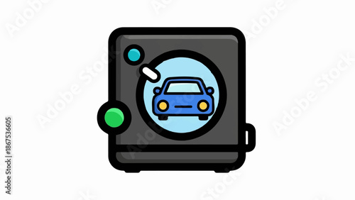 A blue car is displayed on a screen within a square device with buttons