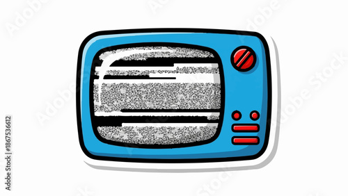 A blue cartoon television with static on its screen and red controls