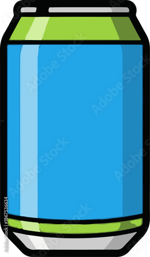 A blue beverage can with green accents and a silver base