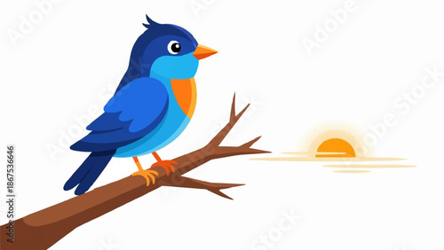A blue bird perches on a branch near a rising sun