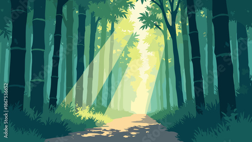 A dense bamboo forest path. Light shafts cutting through the green stalks. Peaceful zen vector