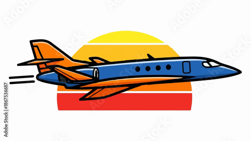 A blue and orange jet plane flies across a sunset