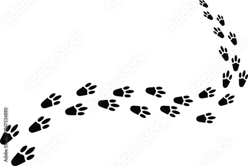 Black animal paw prints path trail following a curved line silhouette vector illustration isolated on a white background