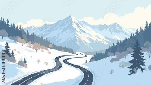 A snowy mountain pass with winding road switchbacks. Aerial view (drone style). White and grey minimalism