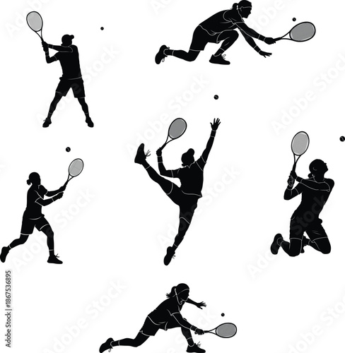 Tennis Player Silhouettes Action Poses Set – Black Dynamic Tennis Figures