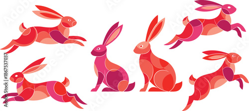 Collection of Stylized Colorful Geometric Running and Sitting Rabbits in Vibrant Pink and Red Gradient Mosaic Art Style