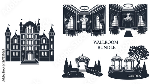 A collection of elegant architectural illustrations including a large castle with towers two opulent room interiors with chandeliers and large windows a beautiful garden