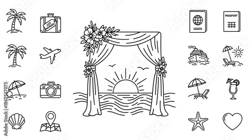 Black and white line drawing illustration of various beach vacation icons including a tropical archway with floral decorations sunset ocean waves palm trees travel