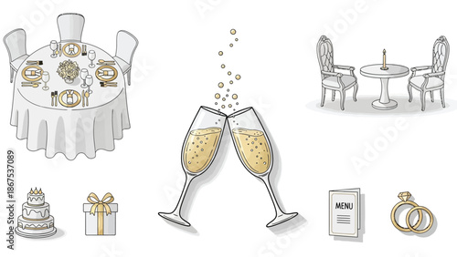 Illustration of wedding celebration elements including a set table with plates and glasses a cake a gift two champagne flutes a restaurant table a menu and wedding rings
