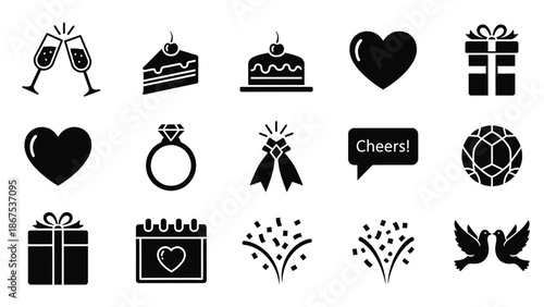 Black and white illustration of various valentine's day and wedding icons including hearts gifts cakes and celebrations with Valentine s Day