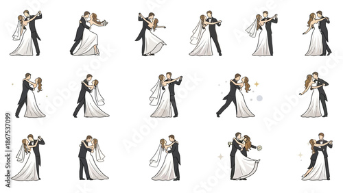 Collection of romantic wedding couples dancing in various poses and styles on white background with dance and romance and love and illustration