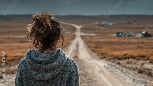 A woman in a gray hoodie stands facing a long, winding dirt road in a rural landscape