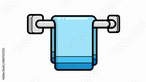 A cartoon icon of a light blue towel hanging on a silver bar