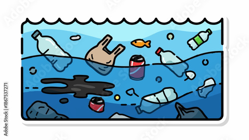 A cartoon illustration depicting a polluted ocean with plastic bottles, bags, cans, and oil