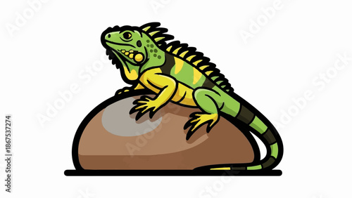 A cartoon iguana with green and yellow stripes sits on a brown rock
