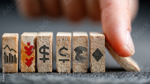 A hand pushes a domino, with various money symbols and economic arrows, in a row