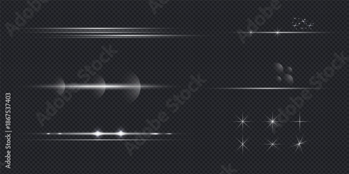 Set of various bright white light effects, lens flares, sparkles, and glowing lines on a dark transparent background