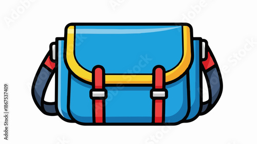 A cartoon illustration of a blue messenger bag with yellow, red, and gray accents