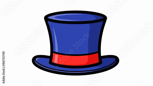 A cartoon illustration of a blue top hat with a red band and black outline