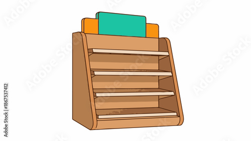 A cartoon display stand with wooden shelves and a teal top sign