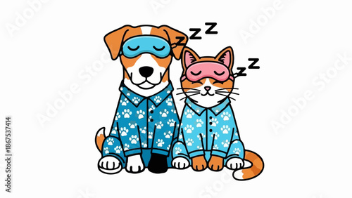 A cartoon dog and cat wear matching paw-print pajamas and sleep masks, peacefully snoozing