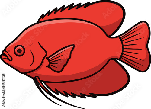 A cartoon illustration of a bright red fish with black outlines and subtle shading