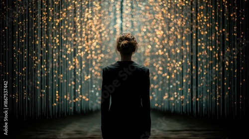 A woman, back to camera, gazes down a corridor shimmering with countless lights