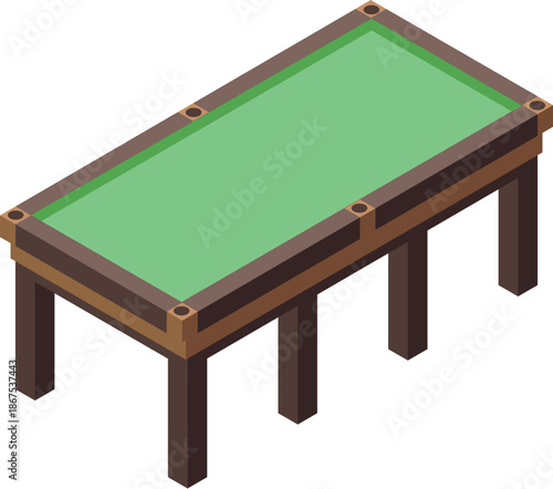 Isometric view of an empty billiards table, featuring green cloth and wooden legs, ready for a game