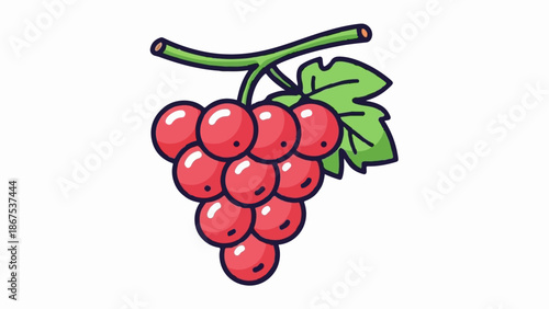 A cartoon illustration of a bunch of bright red grapes on a green vine with a leaf