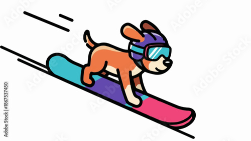 A cartoon dog in a helmet and goggles snowboarding downhill