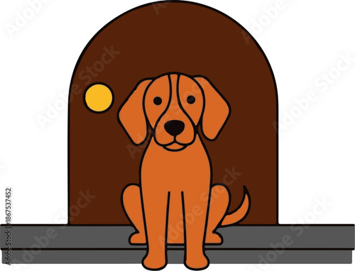 A cartoon dog sits in front of a brown arched doorway with a yellow circle