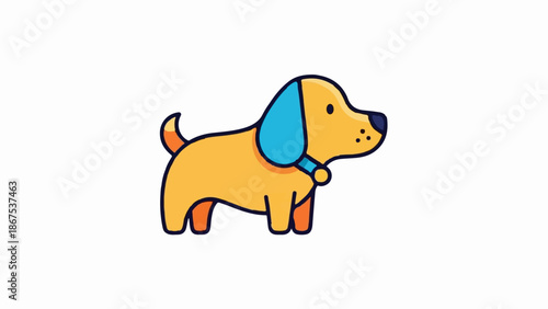 A cartoon dog with golden fur, a blue collar, and a black nose stands on a white background