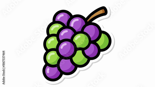 A cartoon illustration of a bunch of purple and green grapes with a brown stem