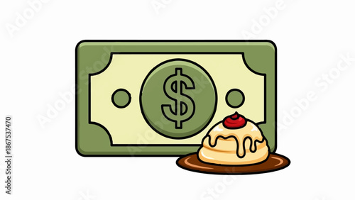 A cartoon dollar bill sits next to a small, dripping dessert with a cherry