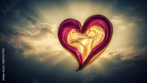 Abstract surreal heart shape made of flowing purple and gold silk fabric in dramatic sky