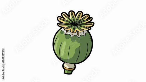 A cartoon drawing of a green poppy seed pod with a crown-like top