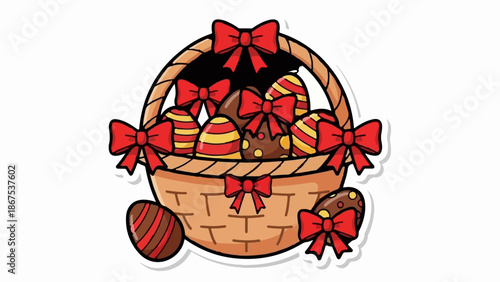 A cartoon Easter basket overflowing with decorated eggs and adorned with red bows