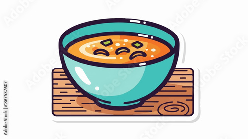 A cartoon bowl of hearty orange soup with green toppings sits on a wooden placemat
