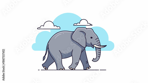A cartoon elephant walks under a cloudy blue sky