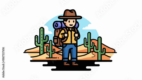 A cartoon explorer stands with a backpack in a desert landscape with cacti and hills under a blue sky