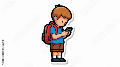 A cartoon boy in a blue shirt and brown shorts, carrying a red backpack, engrossed in his phone