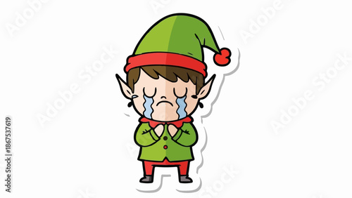 A cartoon elf with pointed ears and a green hat cries, with tears streaming down