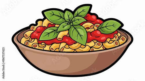 A cartoon bowl overflowing with macaroni, topped with red sauce and fresh basil leaves