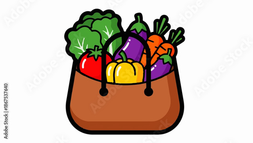 A brown grocery bag overflowing with fresh, colorful vegetables, including lettuce, tomato, pepper, carrots, and eggplants