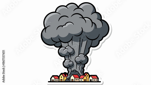 A cartoon explosion billows dark smoke over a row of small houses with red roofs