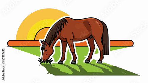 A brown horse grazes in a field with a stylized sunset in the background