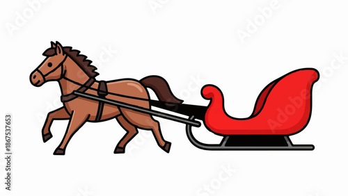 A brown horse pulls a red sleigh with a black base