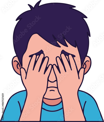 A cartoon boy with dark hair covers his eyes with his hands, showing sadness