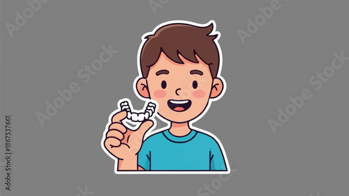 A cartoon boy proudly displays his clear teeth aligners
